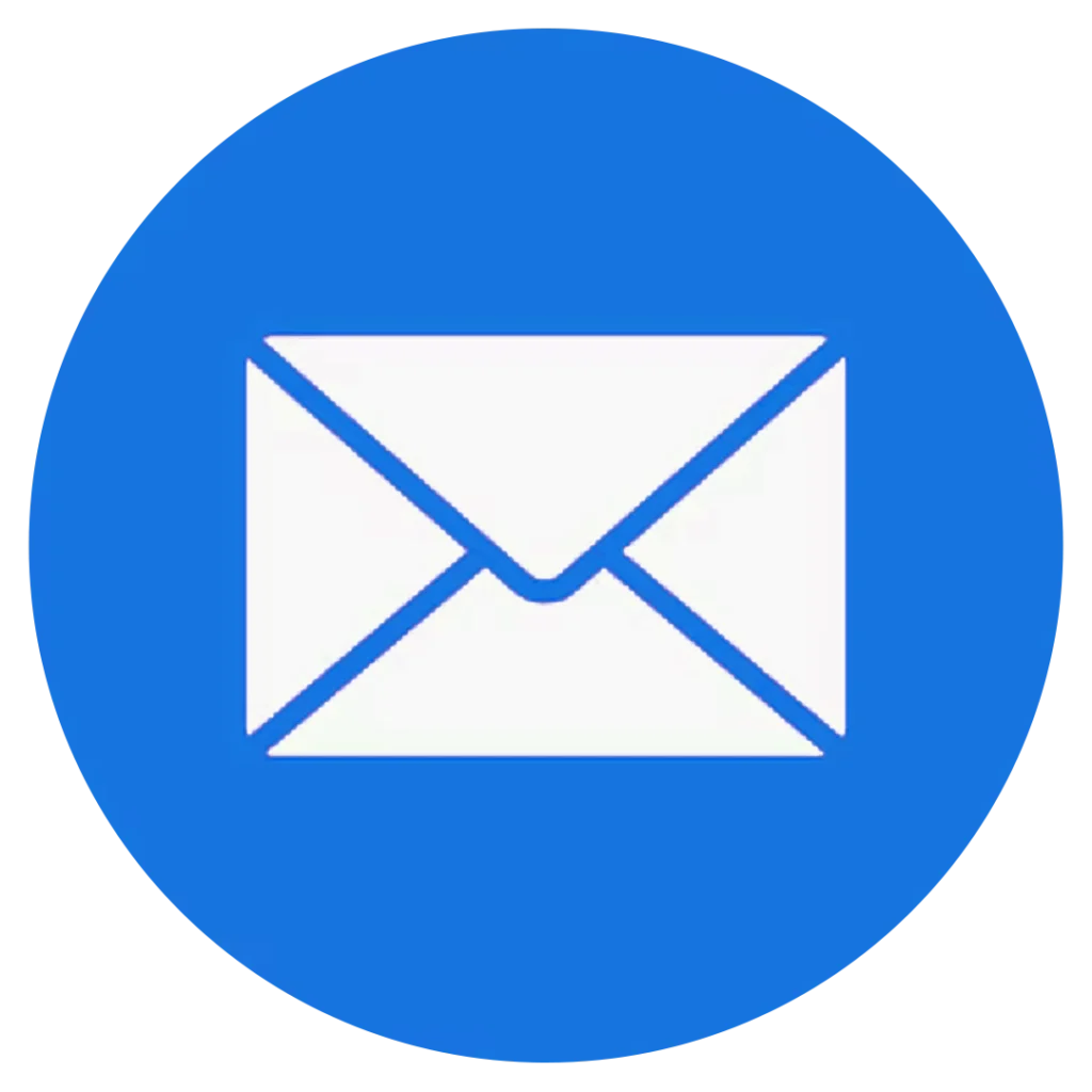 Ícone de envelope branco em fundo azul representando contato por e-mail.